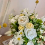 Boho White Bridal Bouquet, Garden Style Wedding Flowers with Ivory Roses and Daisies