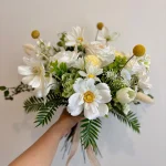 Boho White Bridal Bouquet, Garden Style Wedding Flowers with Ivory Roses and Daisies