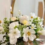 Boho White Bridal Bouquet, Garden Style Wedding Flowers with Ivory Roses and Daisies