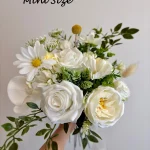 Boho White Bridal Bouquet, Garden Style Wedding Flowers with Ivory Roses and Daisies