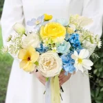 Pastel Floral Wedding Bouquet, Yellow Blue White Flower Arrangement