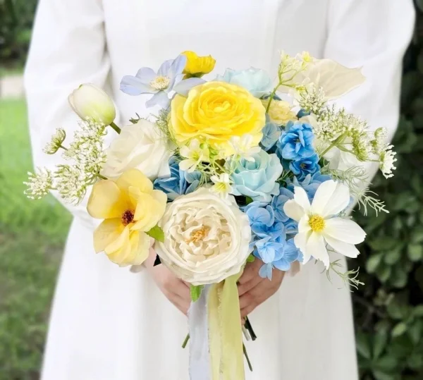 Pastel Floral Wedding Bouquet, Yellow Blue White Flower Arrangement