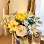 Pastel Floral Wedding Bouquet, Yellow Blue White Flower Arrangement
