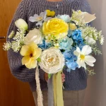 Pastel Floral Wedding Bouquet, Yellow Blue White Flower Arrangement