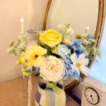 Pastel Floral Wedding Bouquet, Yellow Blue White Flower Arrangement