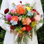 Sunflower Coral Bridal Bouquet, Rustic Summer Wedding Flowers, Boho Wildflower Hand-Tied Floral