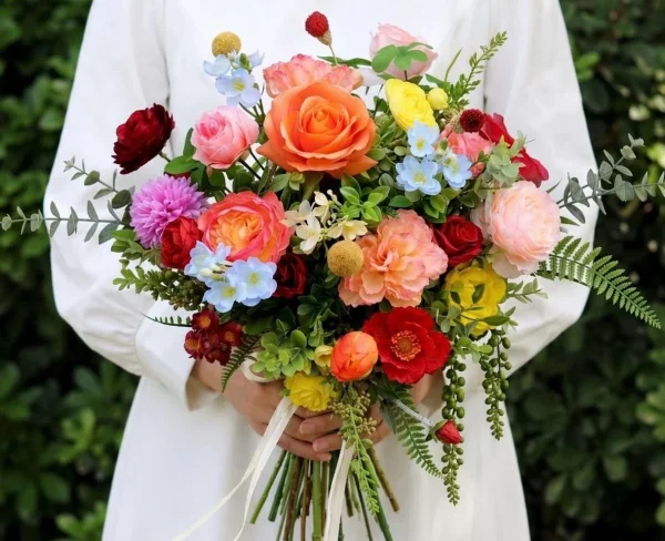Sunflower Coral Bridal Bouquet, Rustic Summer Wedding Flowers, Boho Wildflower Hand-Tied Floral