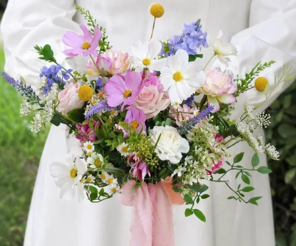 Wildflower Bridal Bouquet, Asymmetrical Garden Silk Flowers, Light Whimsical Wedding Bouquet