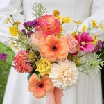 Peach & Pink Silk Flower Bouquet Handmade Rustic Wedding Decor, Farmhouse Floral Arrangement
