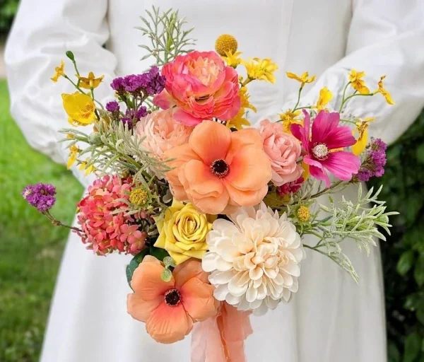 Peach & Pink Silk Flower Bouquet Handmade Rustic Wedding Decor, Farmhouse Floral Arrangement