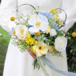 Silk Wedding Bouquet, Blue Yellow Wildflower Bridal Flowers, Heart Frame (UK)