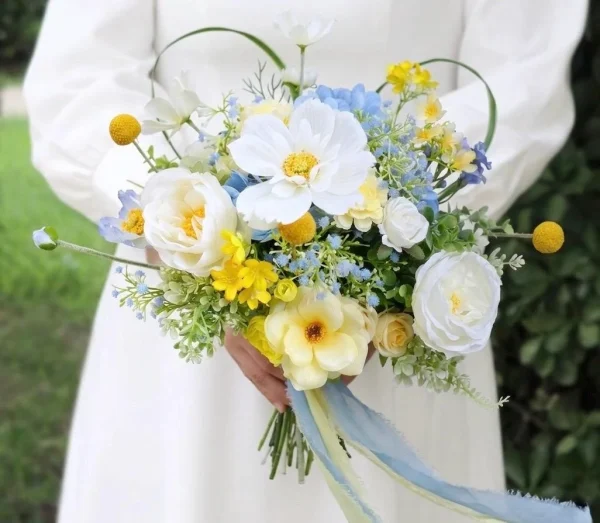 Silk Wedding Bouquet, Blue Yellow Wildflower Bridal Flowers, Heart Frame (UK)