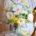 Silk Wedding Bouquet, Blue Yellow Wildflower Bridal Flowers, Heart Frame (UK)