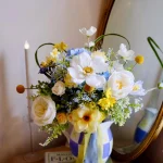 Silk Wedding Bouquet, Blue Yellow Wildflower Bridal Flowers, Heart Frame (UK)