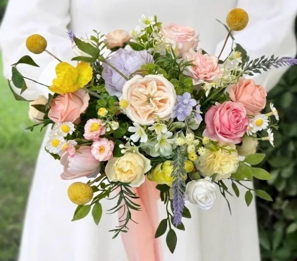 Blush and Buttercream Silk Flower Arrangement, Garden Style Florals with Peonies and Roses