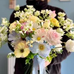 Whispers of Spring, Pastel Garden Silk Flower Arrangement with Daisies & Roses