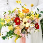 Wildflower Bridal Bouquet, Poppy & Rose Faux Flowers, Yellow n Pink Wedding Bouquet