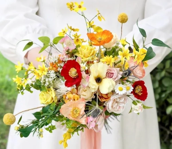 Wildflower Bridal Bouquet, Poppy & Rose Faux Flowers, Yellow n Pink Wedding Bouquet
