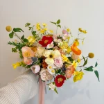Wildflower Bridal Bouquet, Poppy & Rose Faux Flowers, Yellow n Pink Wedding Bouquet