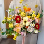Wildflower Bridal Bouquet, Poppy & Rose Faux Flowers, Yellow n Pink Wedding Bouquet