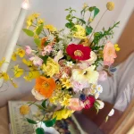 Wildflower Bridal Bouquet, Poppy & Rose Faux Flowers, Yellow n Pink Wedding Bouquet