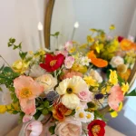 Wildflower Bridal Bouquet, Poppy & Rose Faux Flowers, Yellow n Pink Wedding Bouquet