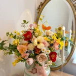 Wildflower Bridal Bouquet, Poppy & Rose Faux Flowers, Yellow n Pink Wedding Bouquet