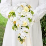 Elegant Cascading White Orchid & Cream Rose Bridal Bouquet, Realistic Artificial Wedding Flowers