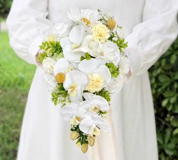 Elegant Cascading White Orchid & Cream Rose Bridal Bouquet, Realistic Artificial Wedding Flowers