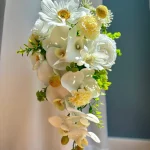 Elegant Cascading White Orchid & Cream Rose Bridal Bouquet, Realistic Artificial Wedding Flowers