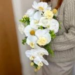 Elegant Cascading White Orchid & Cream Rose Bridal Bouquet, Realistic Artificial Wedding Flowers
