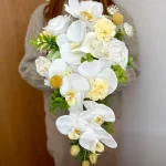 Elegant Cascading White Orchid & Cream Rose Bridal Bouquet, Realistic Artificial Wedding Flowers