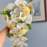 Elegant Cascading White Orchid & Cream Rose Bridal Bouquet, Realistic Artificial Wedding Flowers