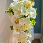 Elegant Cascading White Orchid & Cream Rose Bridal Bouquet, Realistic Artificial Wedding Flowers
