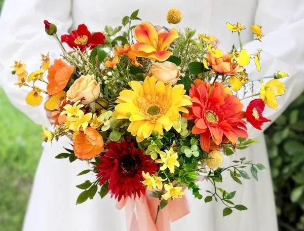 Yellow Orange Gerbera Rose Wedding Bouquet, Handmade Bridal Flowers