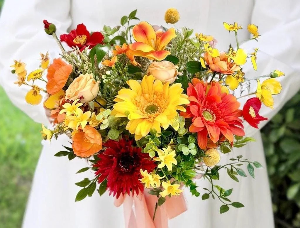 Yellow Orange Gerbera Rose Wedding Bouquet, Handmade Bridal Flowers - My Floral Circle