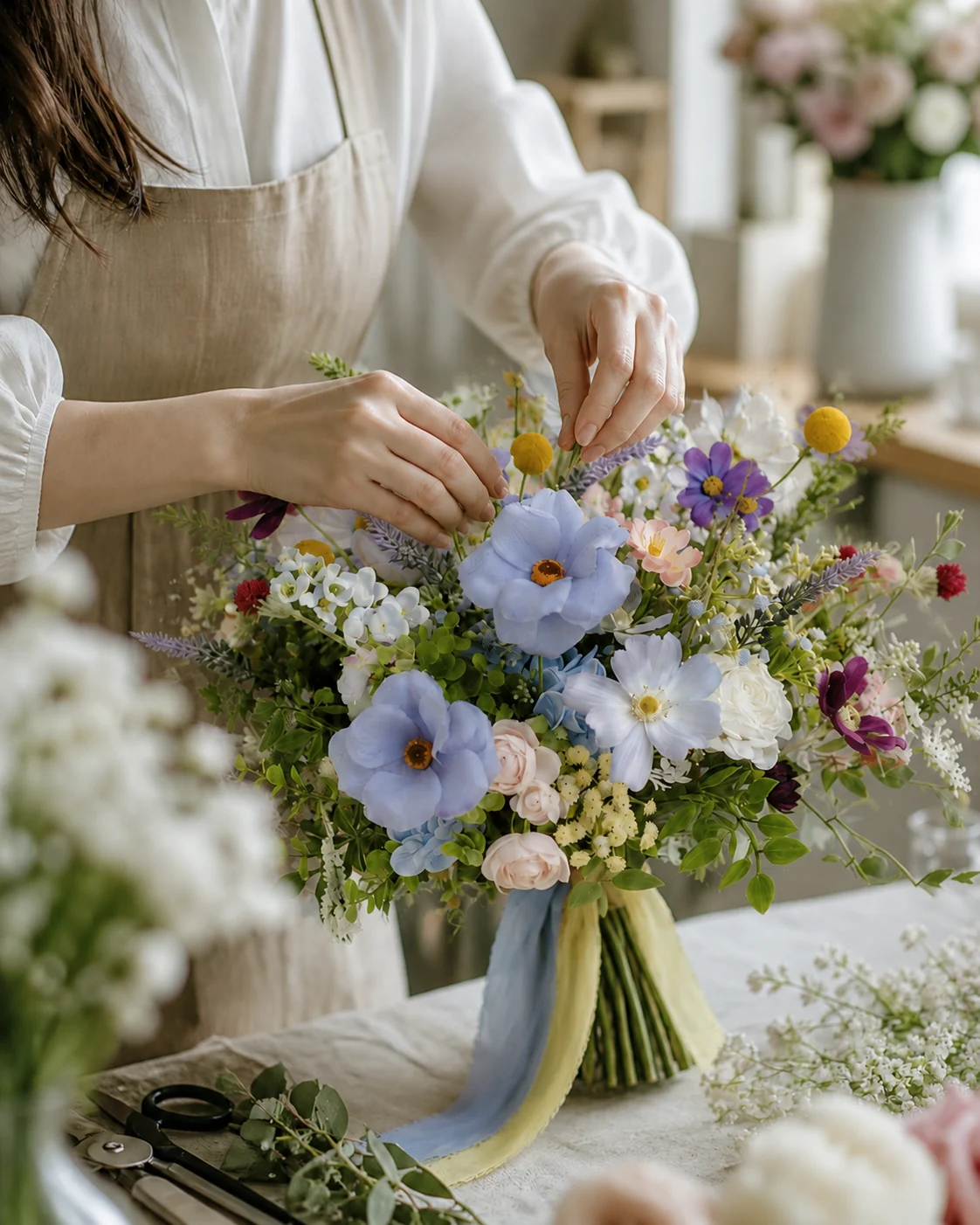 Florist arranging bouquet — candid portrait